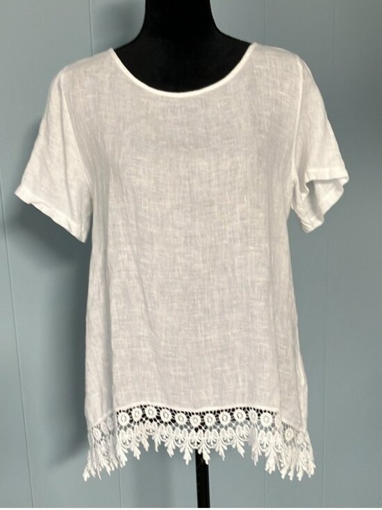 Tops - White Linen Lace Trim Short Sleeve Top  Made in Italy